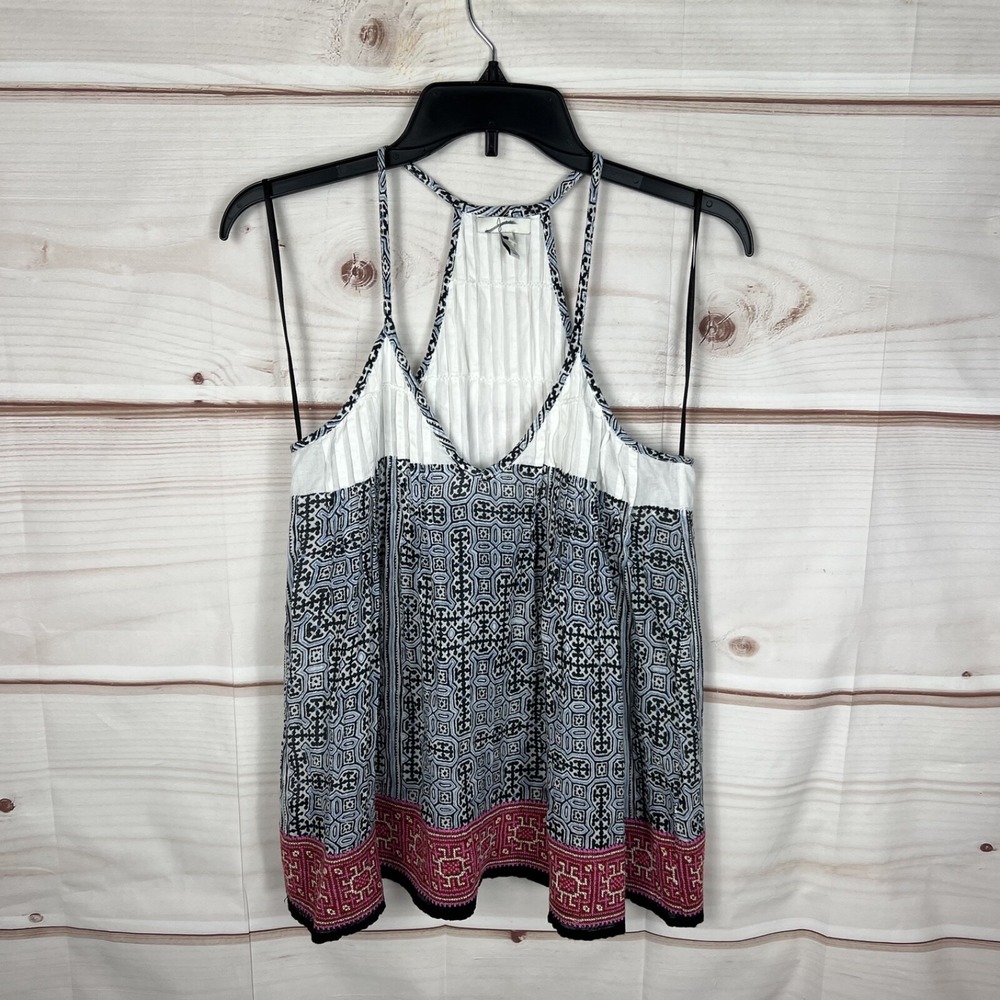 JOIE Top Womens S Blue Geometric Swing Tank V-Neck Embroidered Cotton‎ Pullover